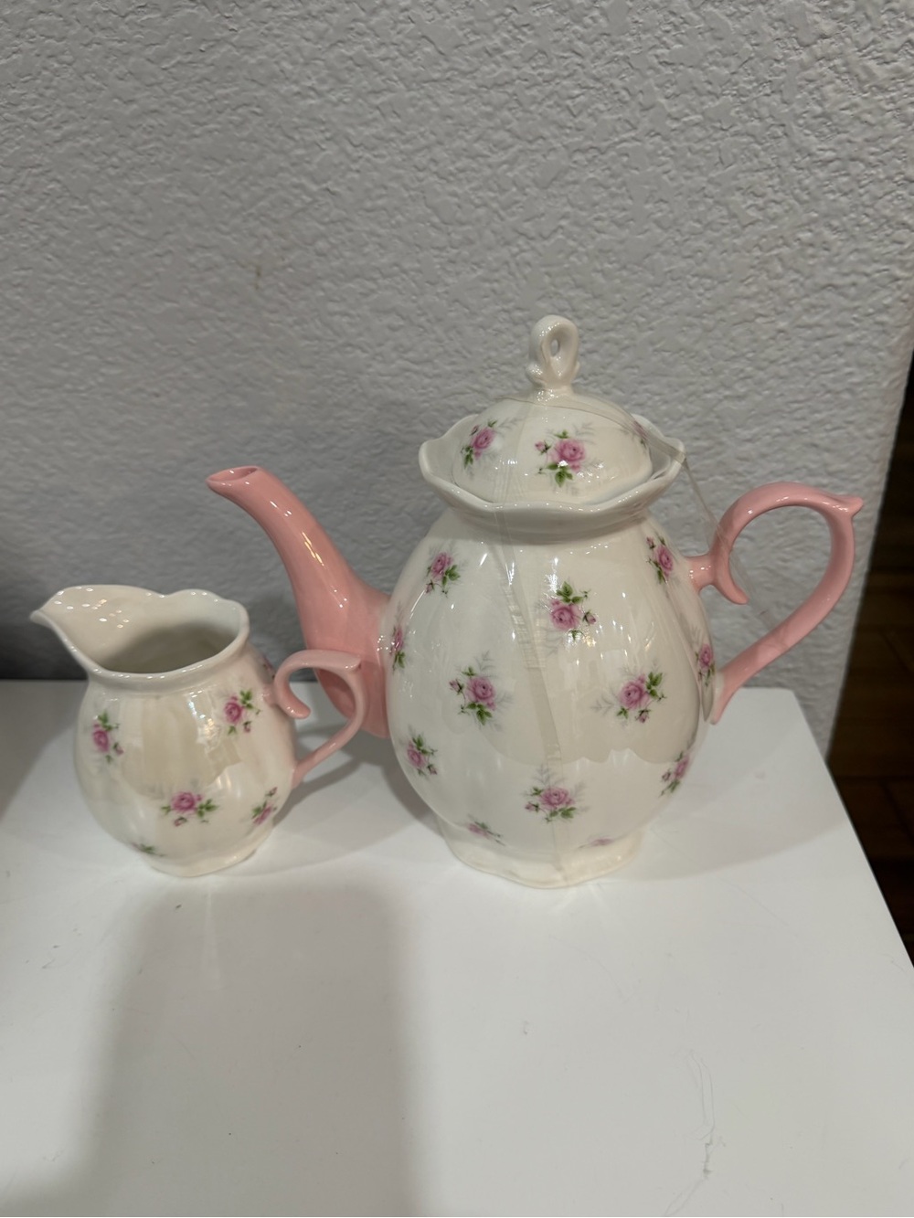 Porcelain Pink Rose Tea Pot and Creamer Set